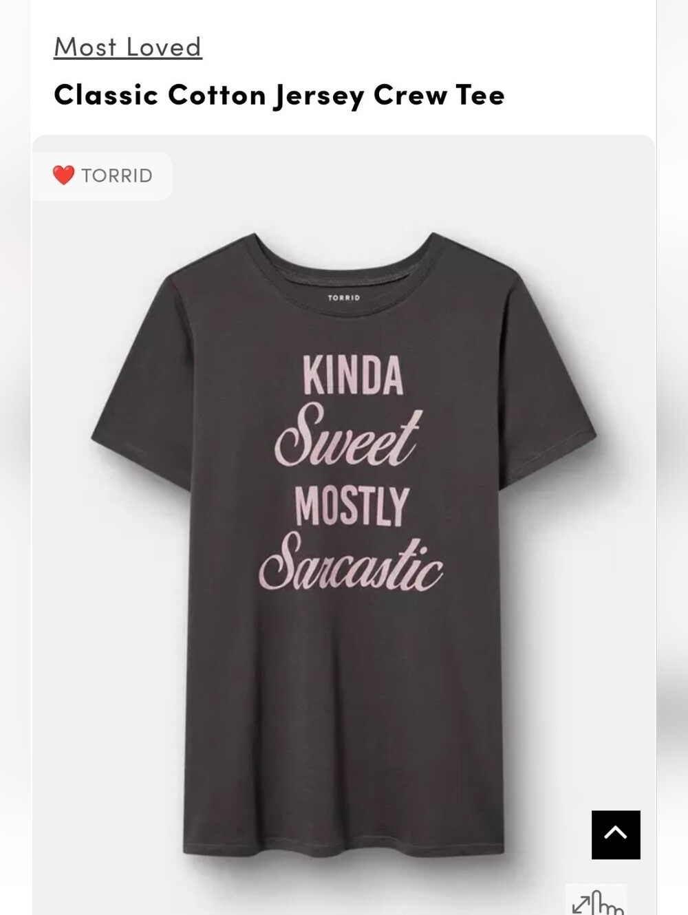 torrid Black Tee with Pink Script 'Kinda Sweet Mostly Sarcastic'